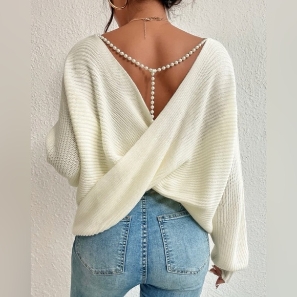 Casual Pullovers Pearls, Twist, Backless, Beaded Sweater - Picture 4 of 8